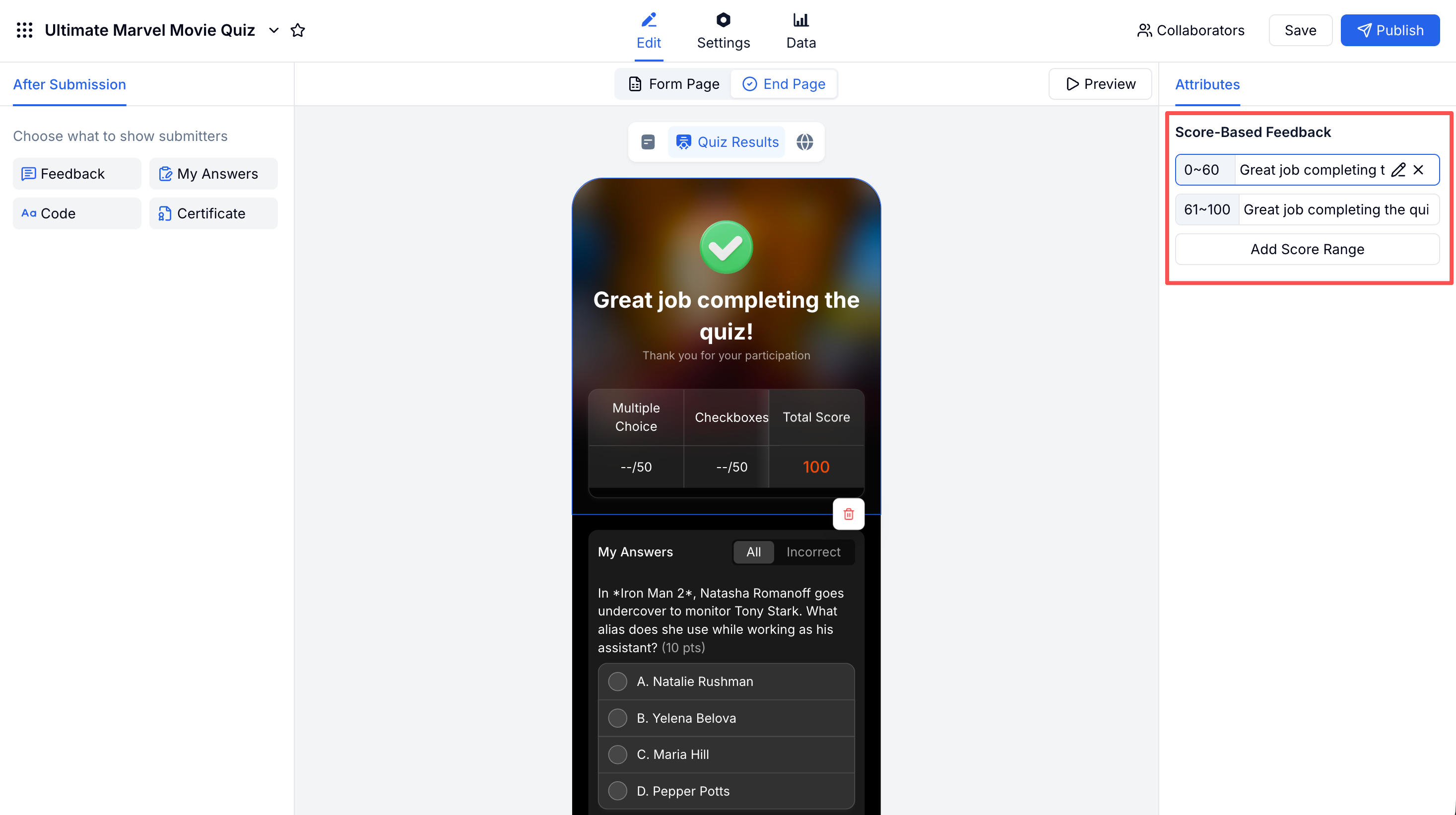 FormHug quiz results page showing score-based feedback message, answer review with correct/incorrect highlighting, and certificate download button