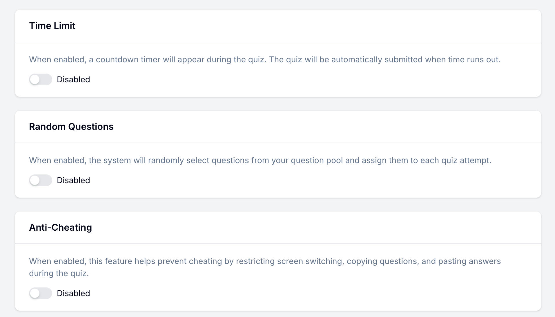 FormHug Quiz Settings panel showing time limit configuration, random question pool settings, and anti-cheating options