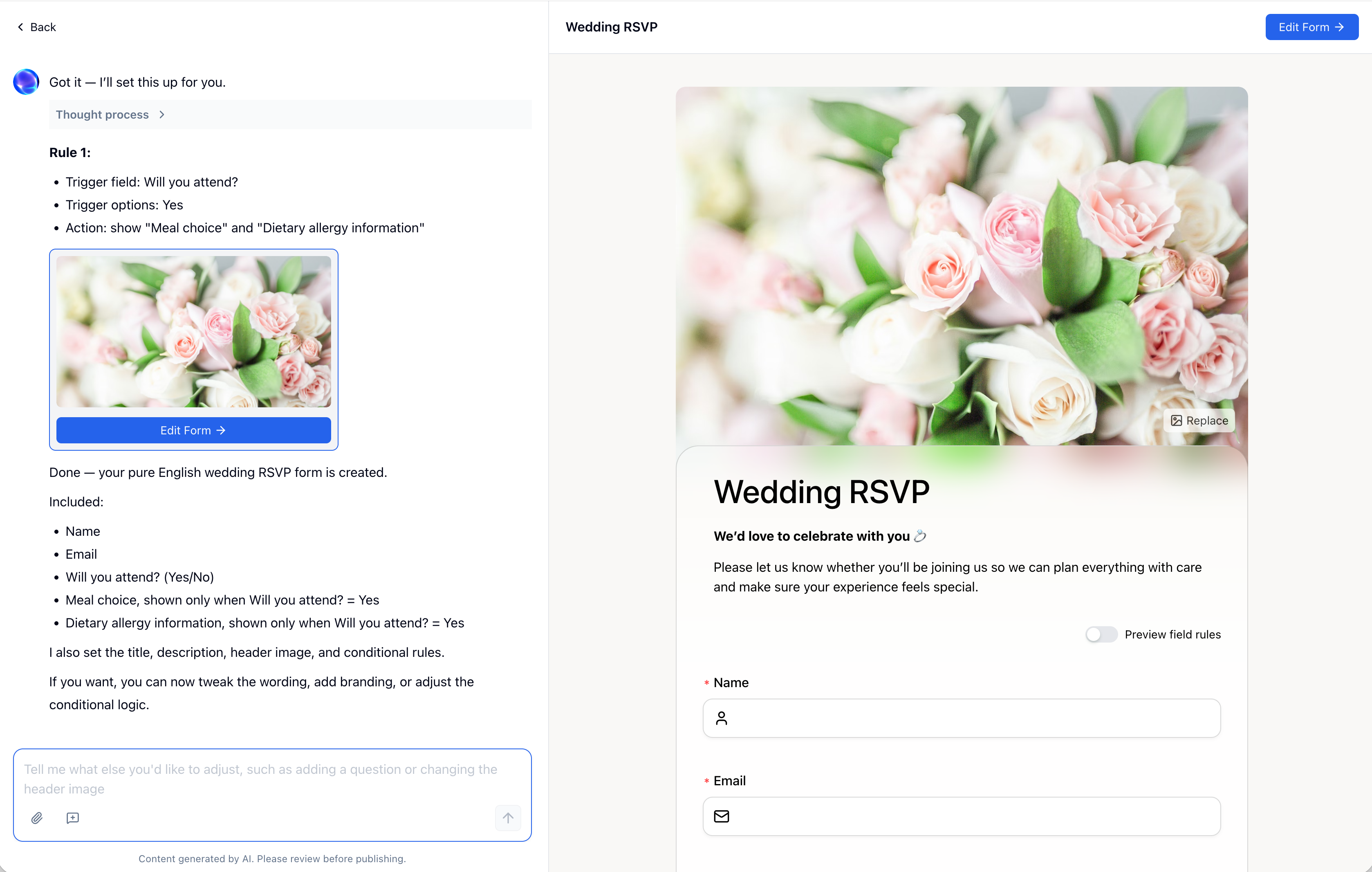 FormHug AI builder creating a Wedding RSVP form — AI explains the conditional rules it configured: meal choice and dietary allergy fields shown only when Will you attend is Yes