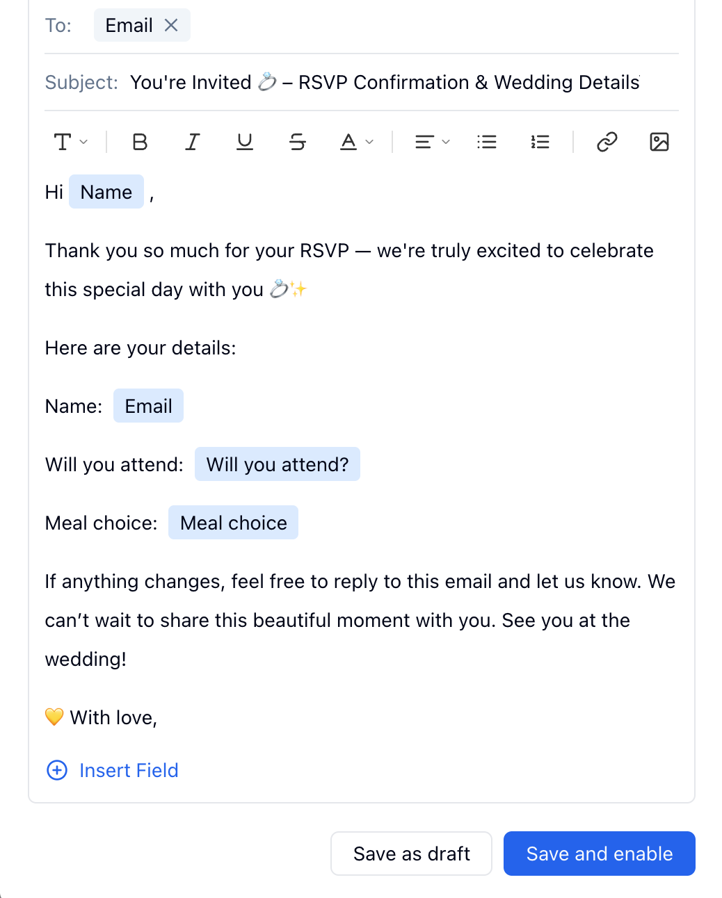 FormHug guest confirmation email editor — subject "You're Invited — RSVP Confirmation & Wedding Details", body includes merge fields for Name, Will you attend, and Meal choice
