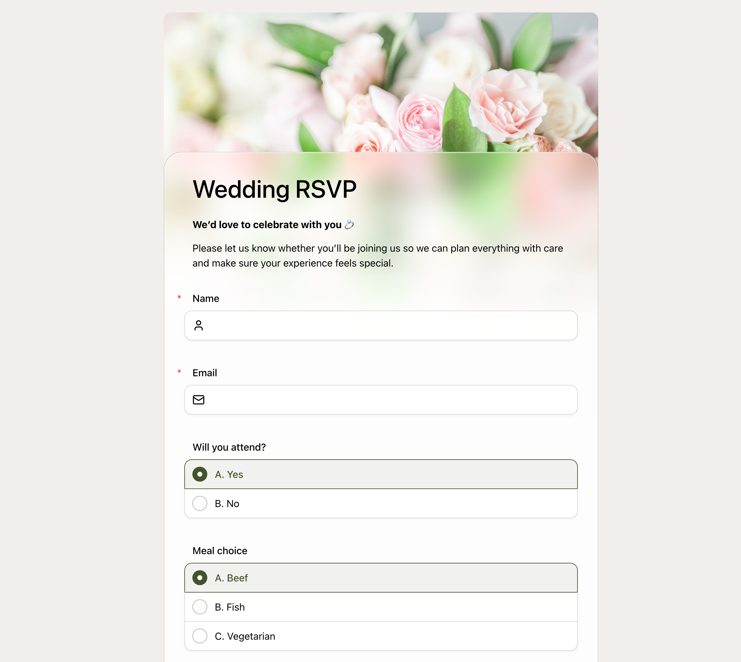 Wedding RSVP form preview — guest selects Yes for attendance and the Meal choice field appears immediately below with Beef, Fish, and Vegetarian options