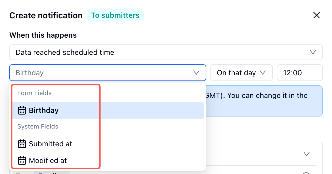 Choosing a form date field, Submitted at, or Modified at as the scheduling source — anchoring an email to the right record timestamp