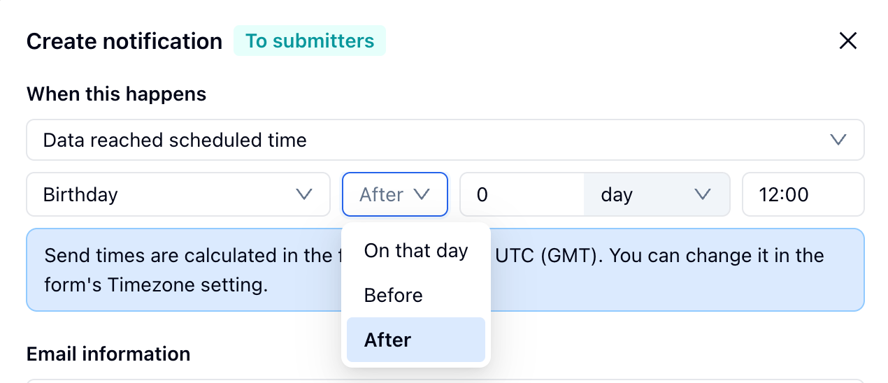 Setting a notification before, on, or after a form date with a day offset and exact time — scheduling delivery in the form's time zone