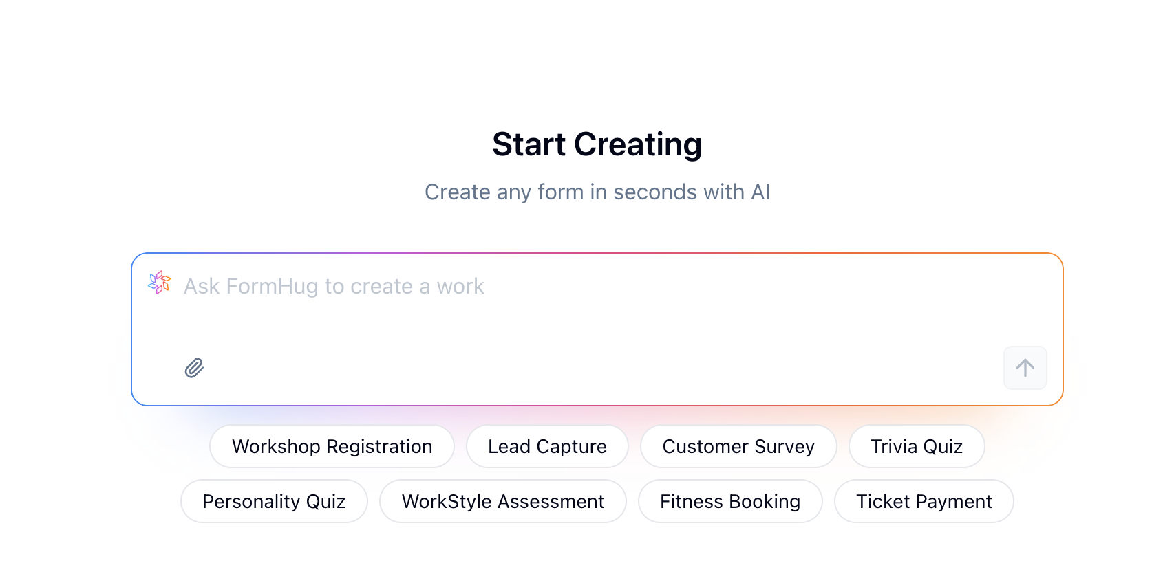 FormHug's built-in AI creation screen for starting a form, quiz, survey, booking, or assessment from a prompt