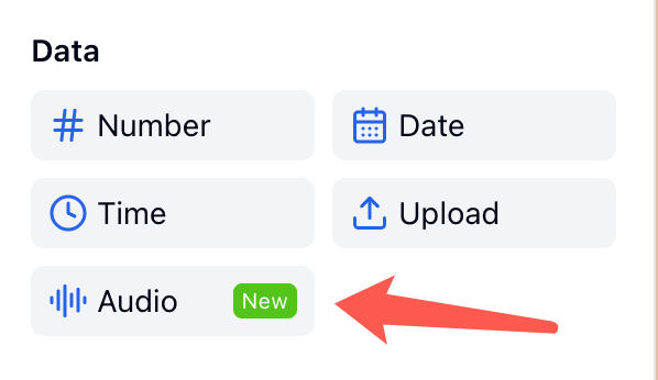 FormHug builder field menu showing the Audio field — adding a voice response field to an online form