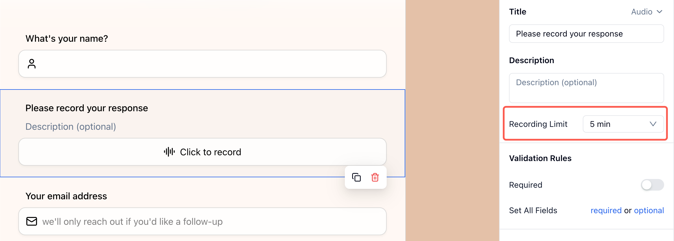 Audio field settings in FormHug showing the recording limit — controlling how long a voice response can be