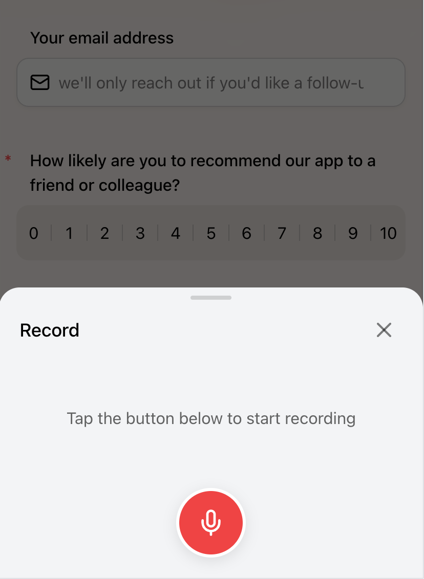 Mobile audio recorder before recording starts — testing the voice form experience before sharing the form
