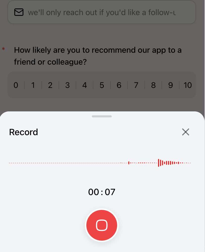 Mobile audio recorder with active timer and waveform — confirming that a voice response is being recorded