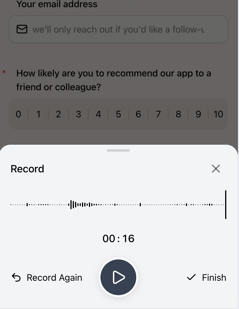 Mobile audio recorder review screen — letting respondents play, record again, or finish before submitting