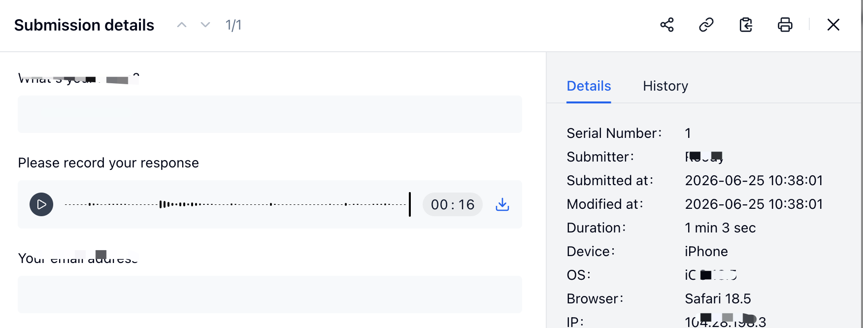 FormHug submission details page with an audio recording — reviewing and downloading a submitted voice response