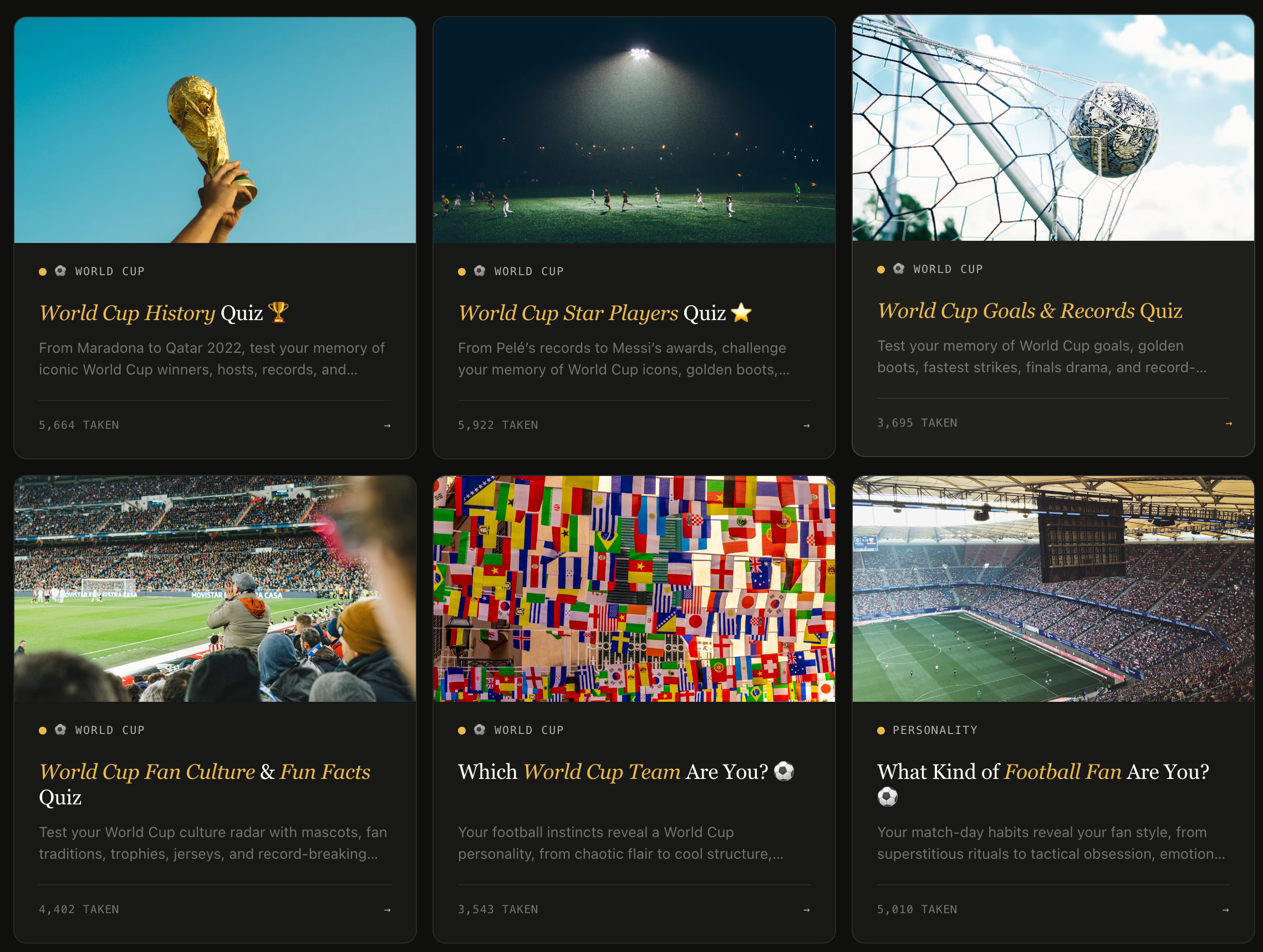 World Cup quiz collection on FormHug with history, star player, goals and records, fan culture, team personality, and football fan quizzes